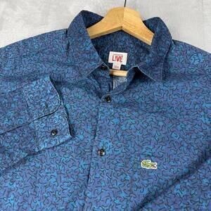 Lacoste Live Abstract Pattern Button Up Shirt Blue Cotton Men 43 Preppy Casual